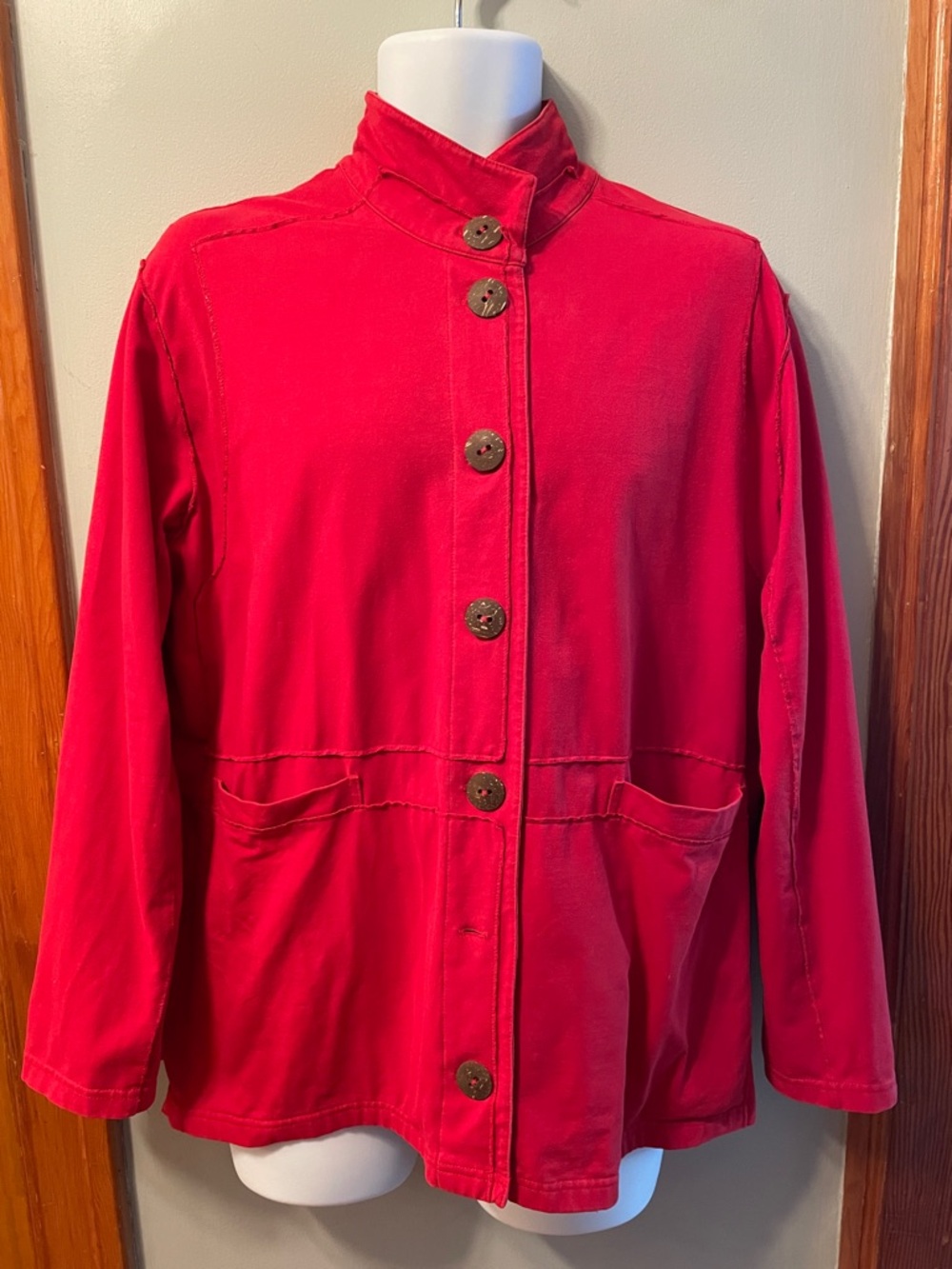 NEON BUDDAH Vibrant Red Button-Front Stand-Up Collar Coastal Boho Utility Jacket